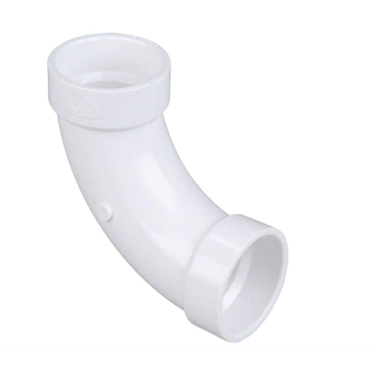 The 1-1/2 in. PVC DWV 90-Degree Hub x Hub Long-Turn Elbow by Go Build, The Fastest Way To Build, is a white fitting with two open ends, designed to connect pipes at a right angle. Plain white background.